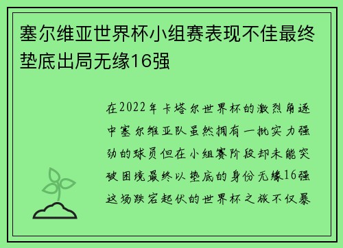 塞尔维亚世界杯小组赛表现不佳最终垫底出局无缘16强